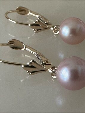 14k Solid Gold Pearl Dangle Lever-back Earrings